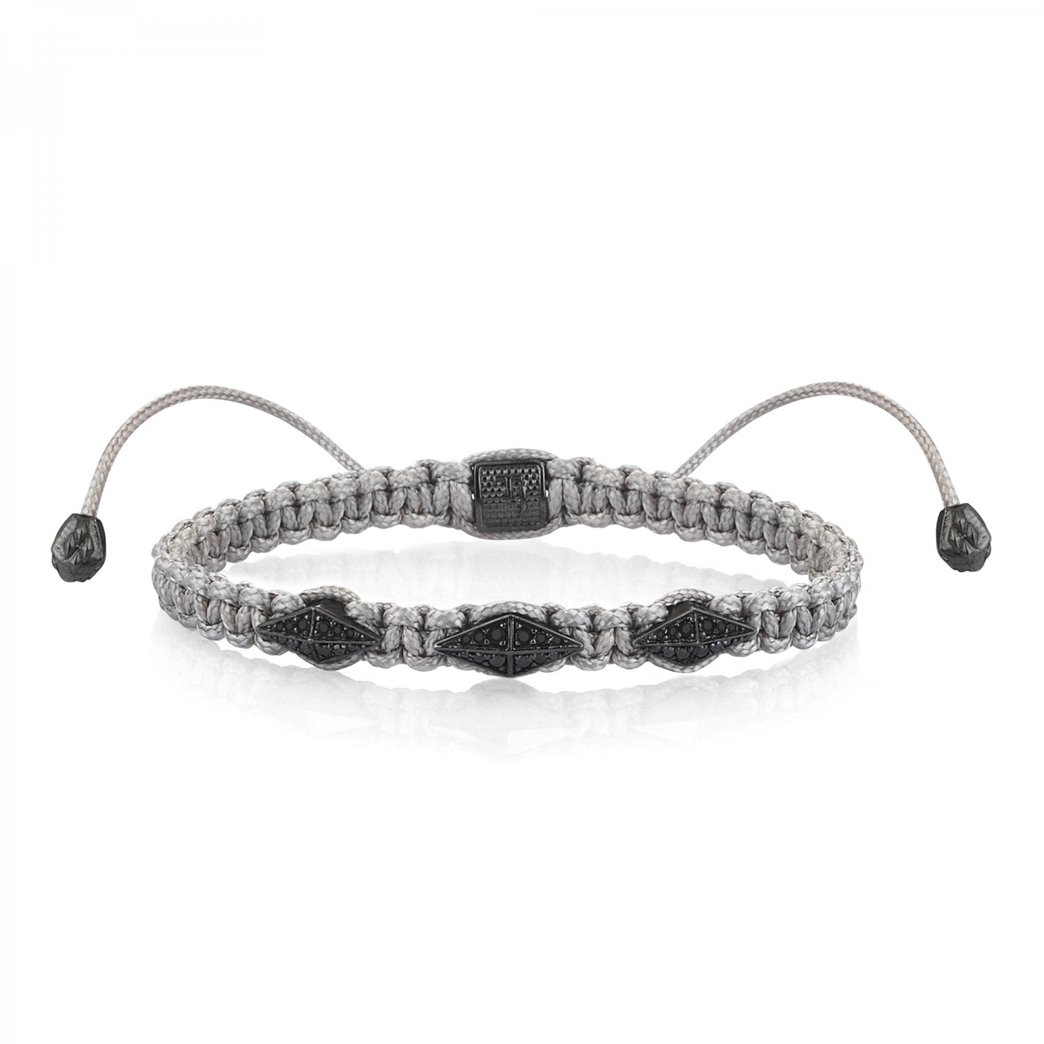 Gray Macrame Iconic Diamondback (3) Silver Bracelet in Black Rhodium with Full Black Diamonds