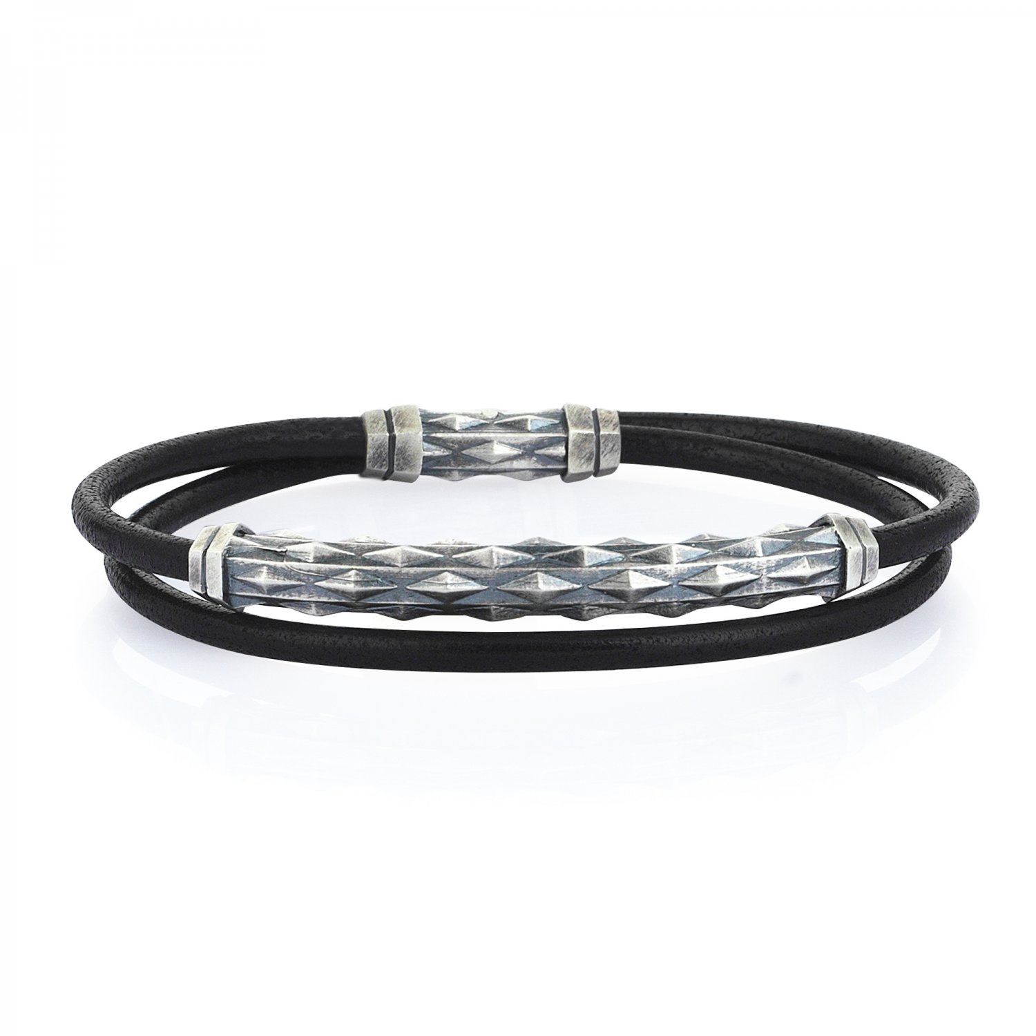 Double Lap Natural Black Leather Oxidised Silver Diamondback Pipe Bracelet