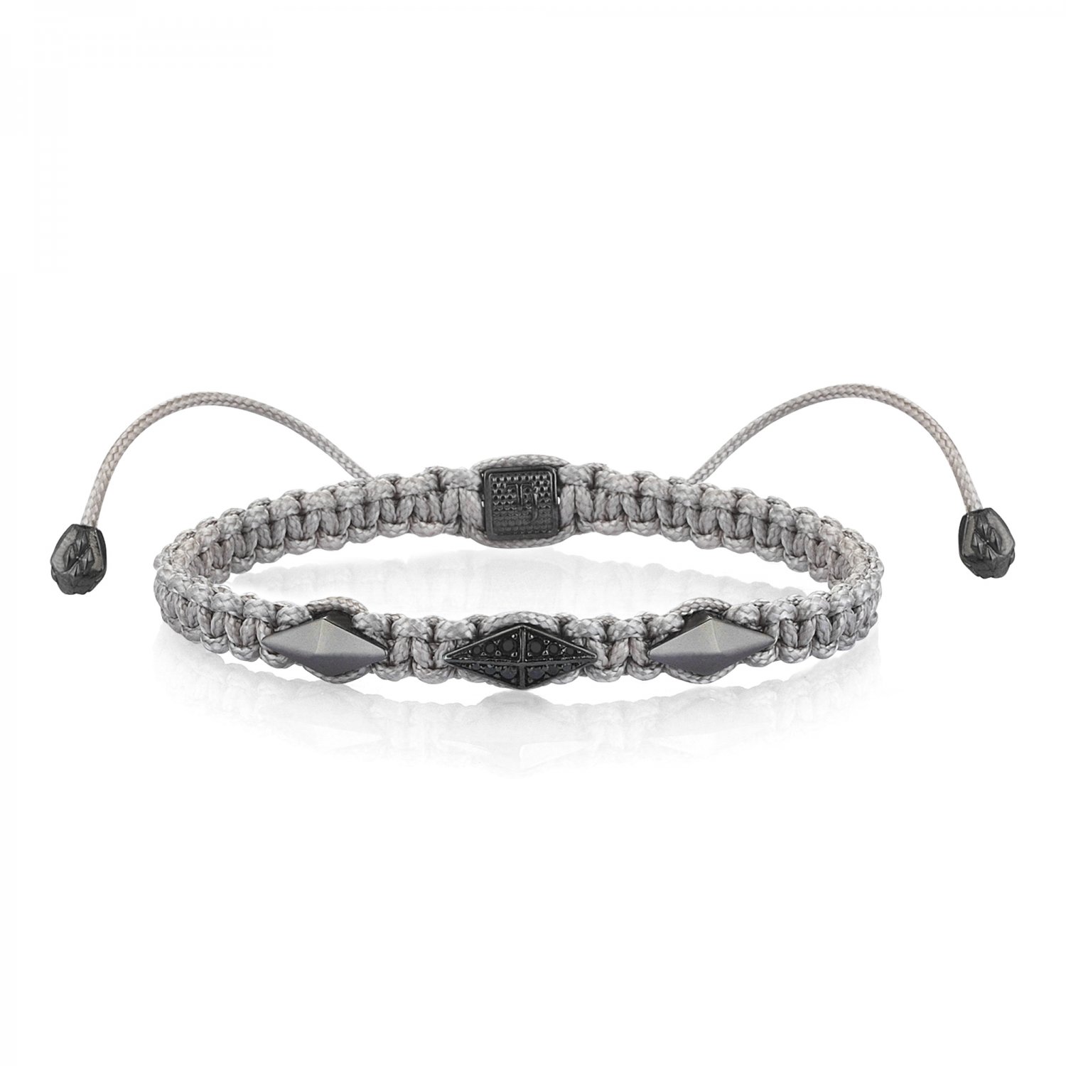 Gray Macrame Iconic Diamondback (3) Silver Bracelet in Black Rhodium with Black Diamonds