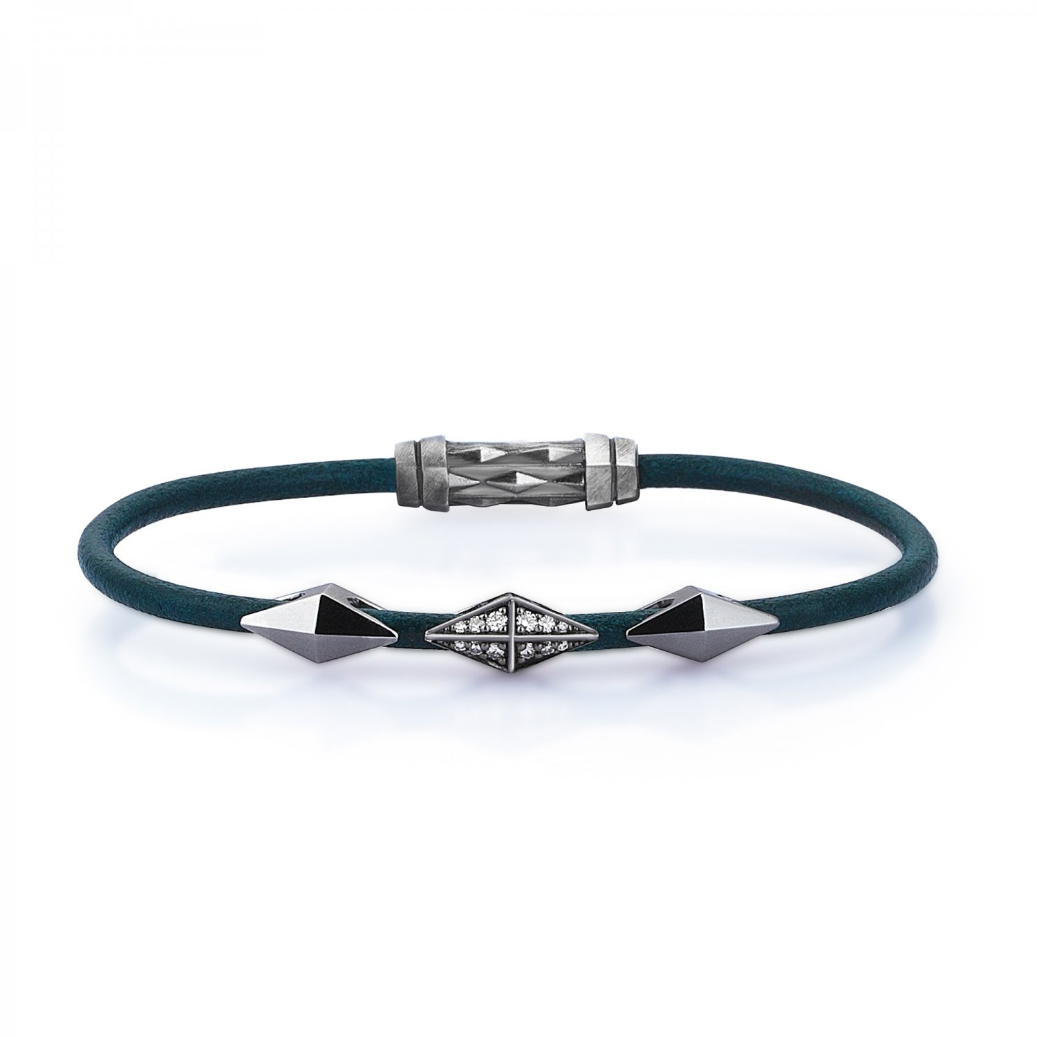 Single Lap Natural Turquoise Leather Iconic Diamondback Silver Bracelet in Black Rhodium with Diamonds