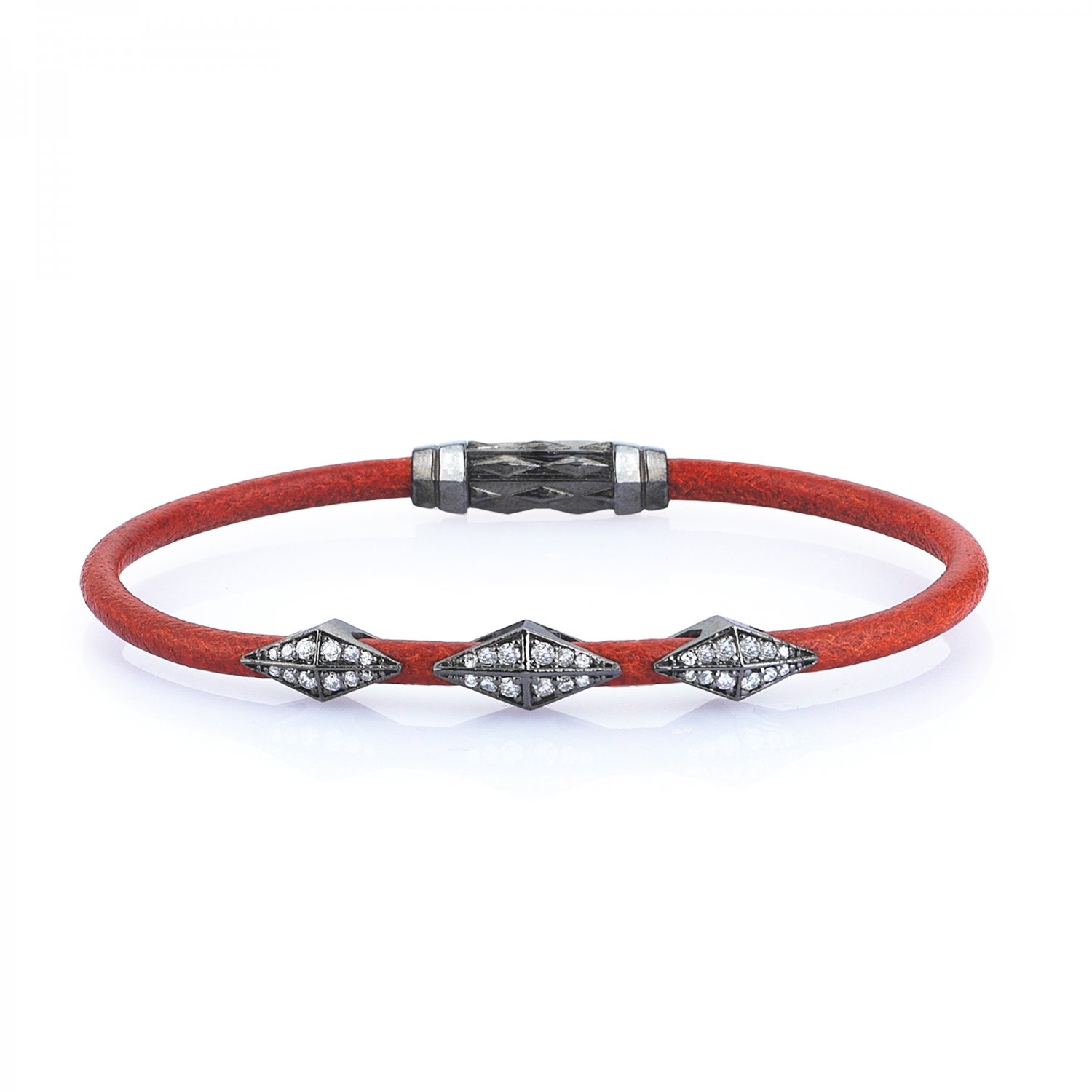 Single Lap Natural Orange Leather Iconic Diamondback Silver Bracelet in Black Rhodium with Full Diamonds