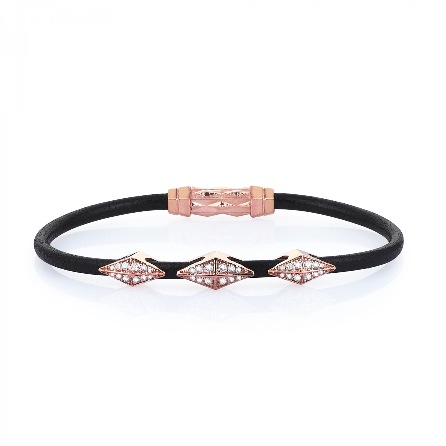 Single Lap Natural Black Leather Iconic Diamondback Silver Bracelet in Rose with Full Diamonds
