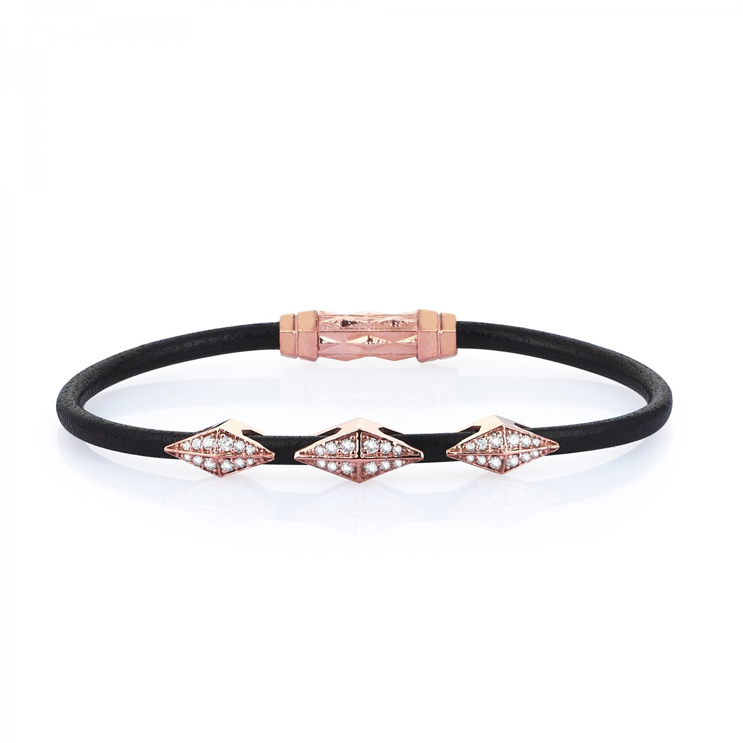 Single Lap Natural Black Leather Iconic Diamondback Silver Bracelet in Rose with Full Diamonds