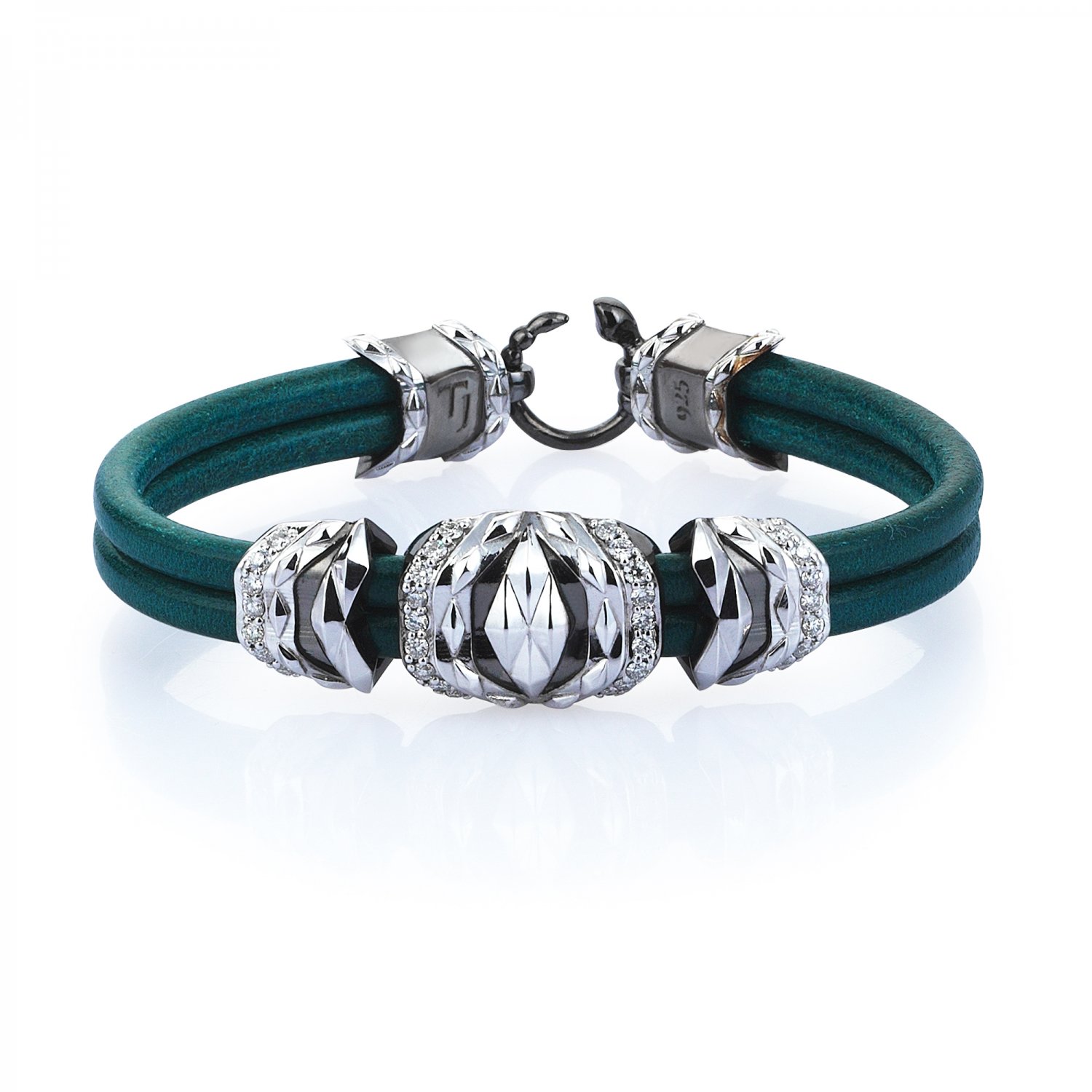 Natural Turquoise Leather Silver Cubic Bracelet in Black & White Rhodium with Diamonds