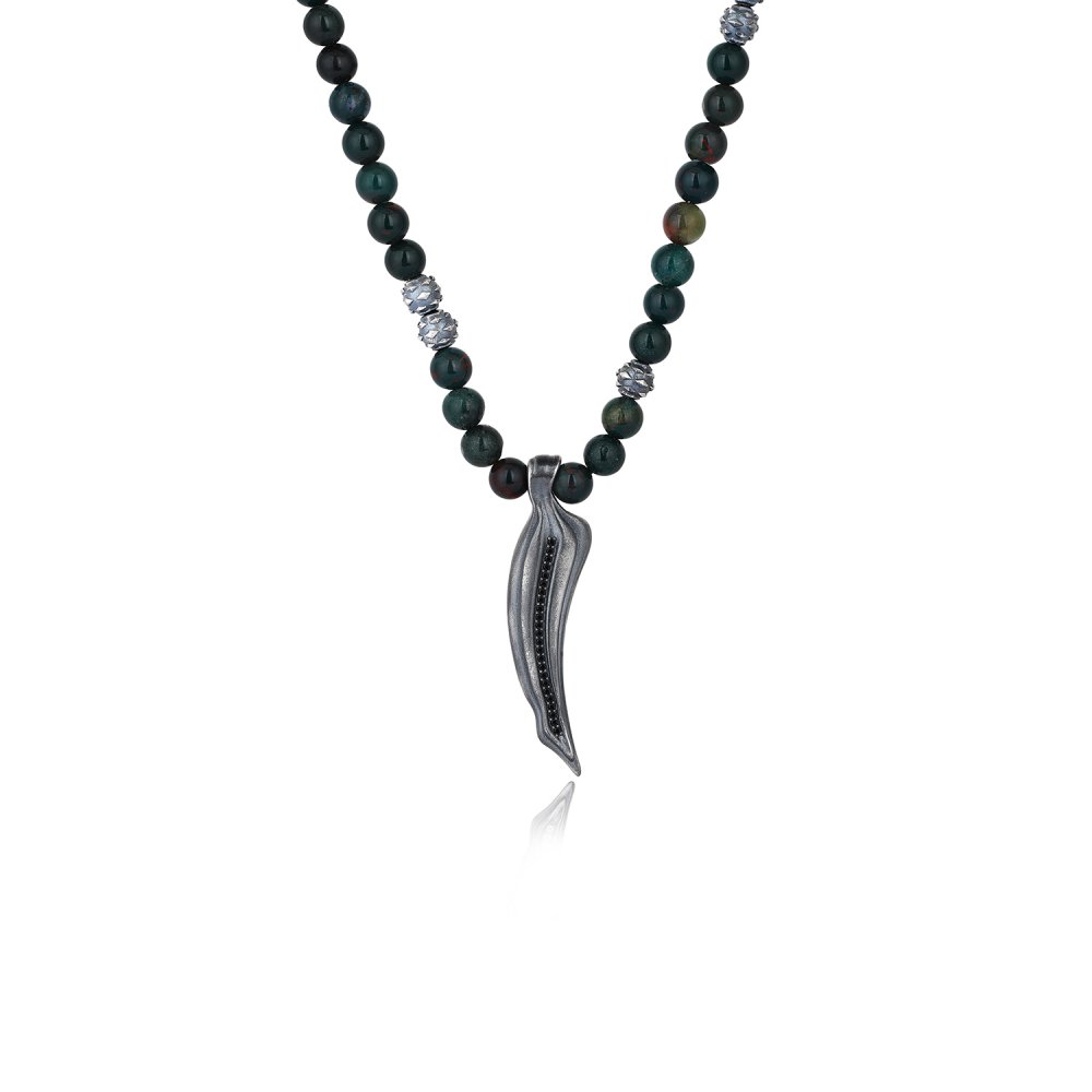Snake Tooth Necklace with Blood Stone Beads & Black Diamonds