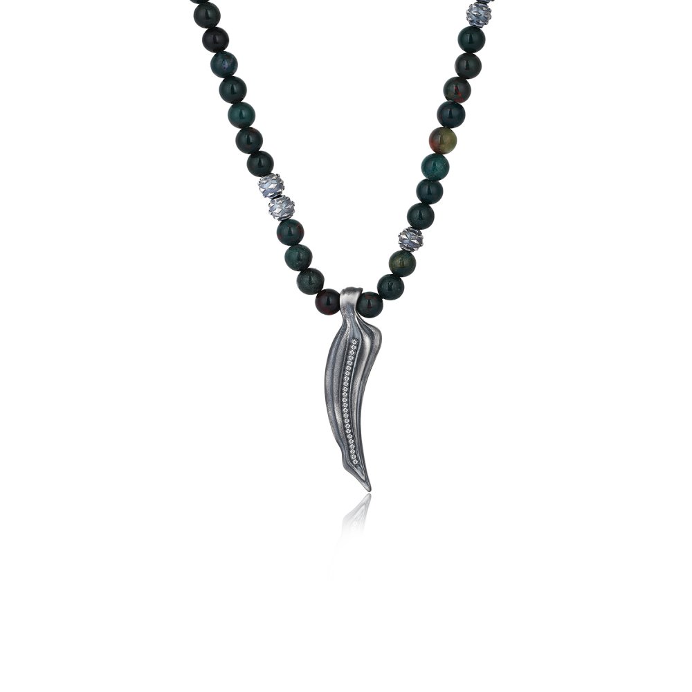 Snake Tooth Necklace with Blood Stone Beads & Diamonds