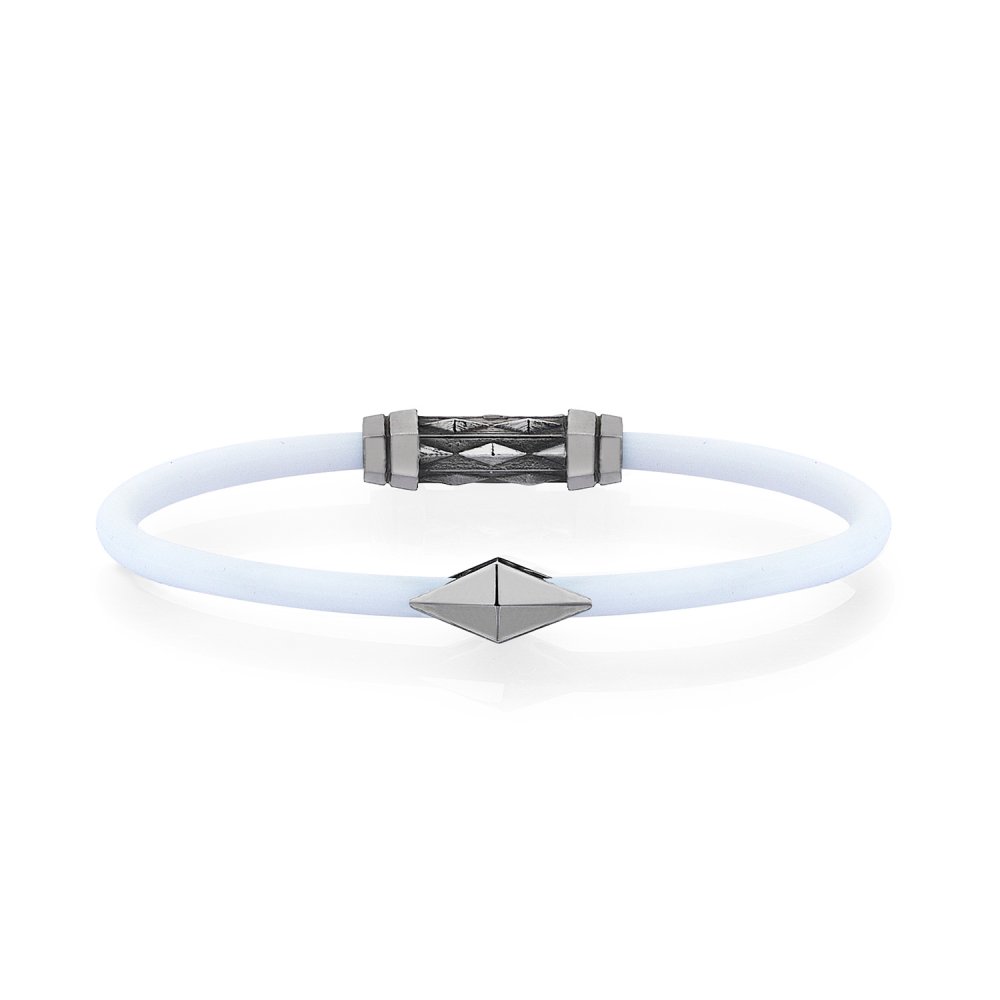 White Rubber Silver Diamondback Bracelet in Black Rhodium - for him