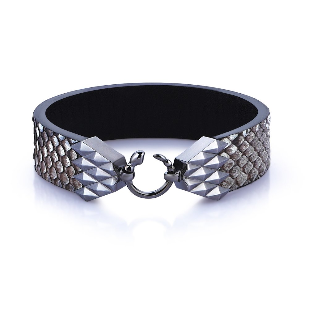 Cubic Snake Sterling Silver Bracelet in Black w/ Gray Python Leather