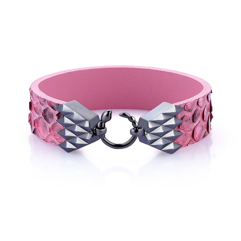 Cubic Snake Sterling Silver Bracelet in Black w/ Pink Python Leather