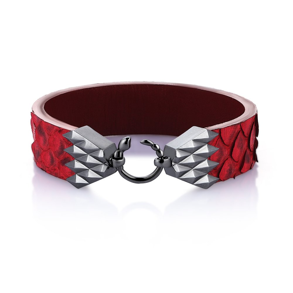 Cubic Snake Sterling Silver Bracelet in Black w/ Red Python Leather