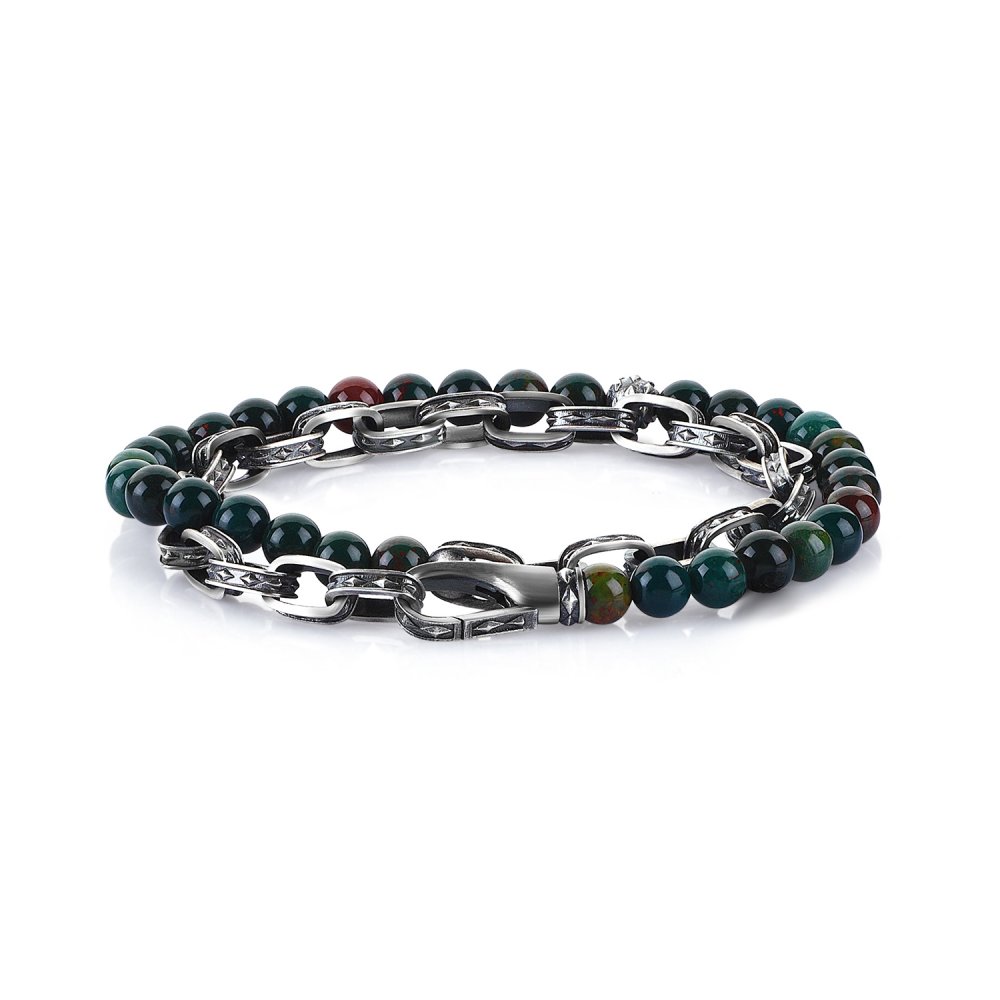Oxidised Silver Cubic Chain Bracelet w/ Blood Stone Beads, 6.00mm