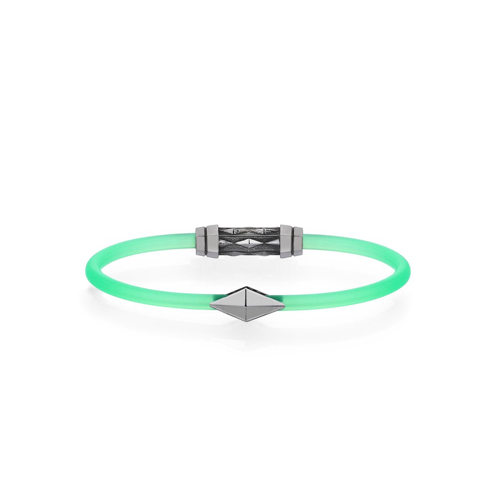 Green Rubber Silver Diamondback Bracelet in Black Rhodium - for her