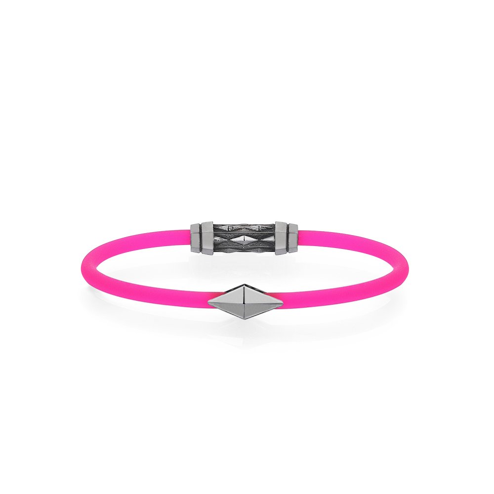 Pink Rubber Silver Diamondback Bracelet in Black Rhodium - for her
