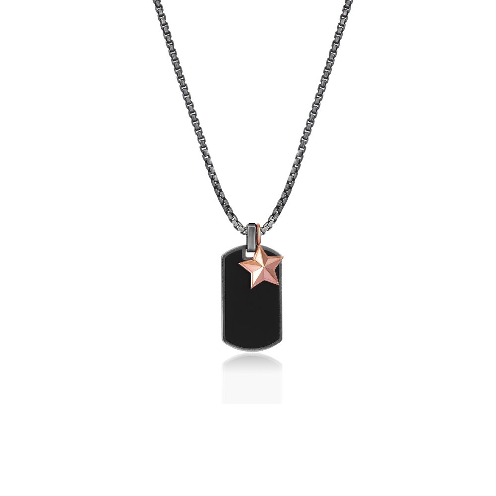 Oxidised Silver Chain & Black Enamel Name Tag Pendant, w/ Military Rank Charm in Rose