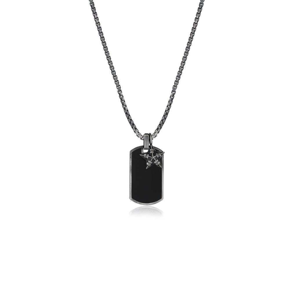 Oxidised Silver Chain & Black Enamel Name Tag Pendant, w/ Diamond Military Rank Charm