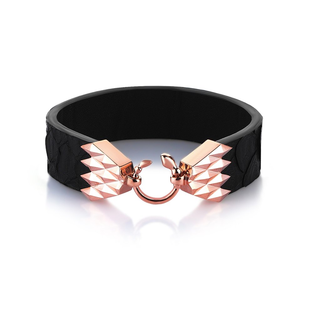 Cubic Snake Sterling Silver Bracelet in Rose w/ Black Python Leather