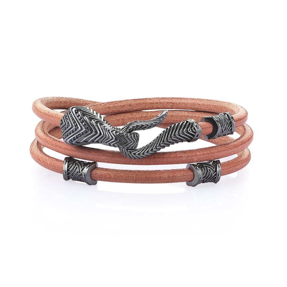 Double Lap Beige Natural Leather Serpi Bracelet in 18K Gold w/ Black Diamonds