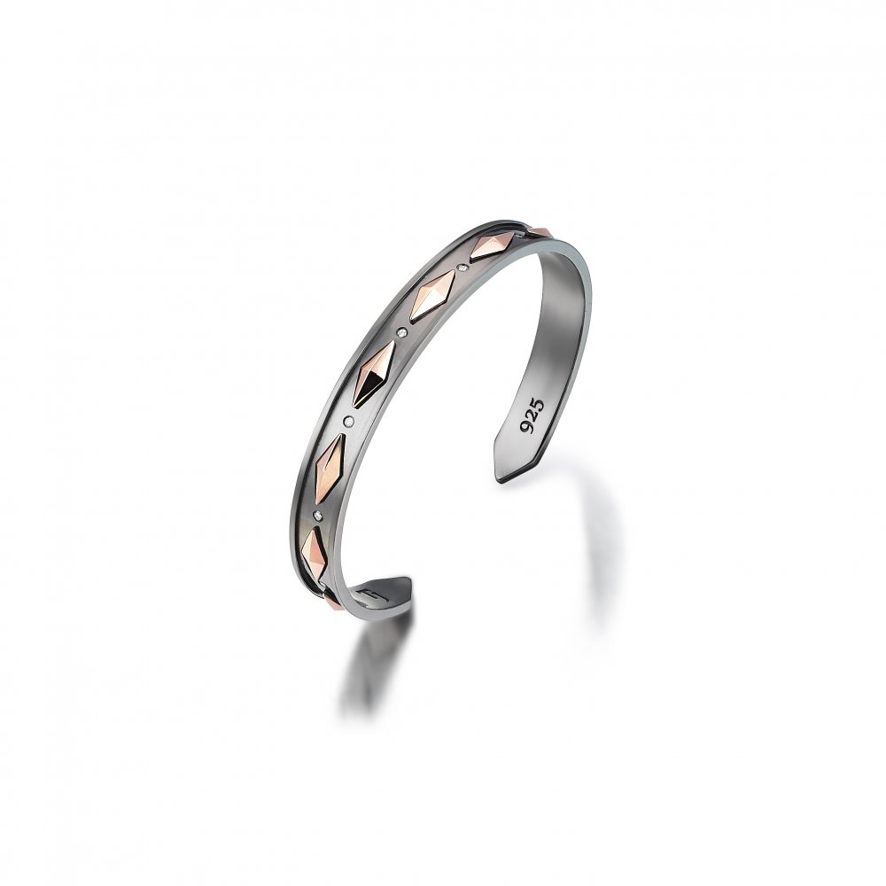 Sterling Silver Cubic Snake Cuff in Black and Rose with Diamonds - 9,00mm