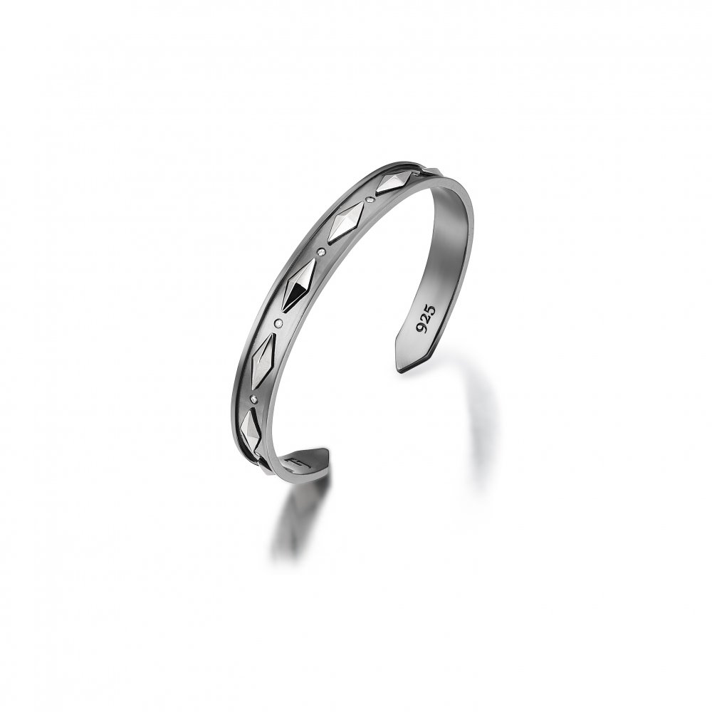 Sterling Silver Cubic Snake Cuff in Black and White Rhodium with Diamonds  - 9,00mm